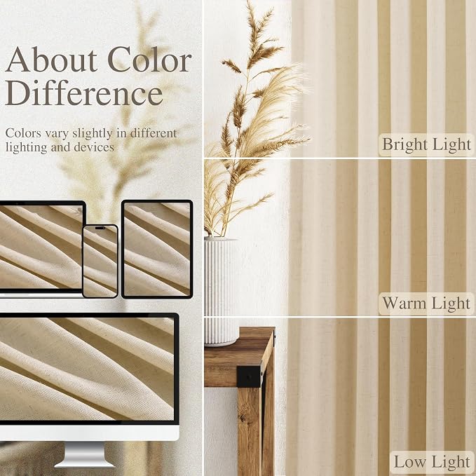 Extra Long Curtain 108 Inches Long Set Back Tab Tan Linen Drapes - Image 3