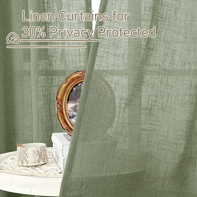 Sage Green Semi Sheer Linen Curtains 60 Inch, Light Filtering Panels | Window - Image 5