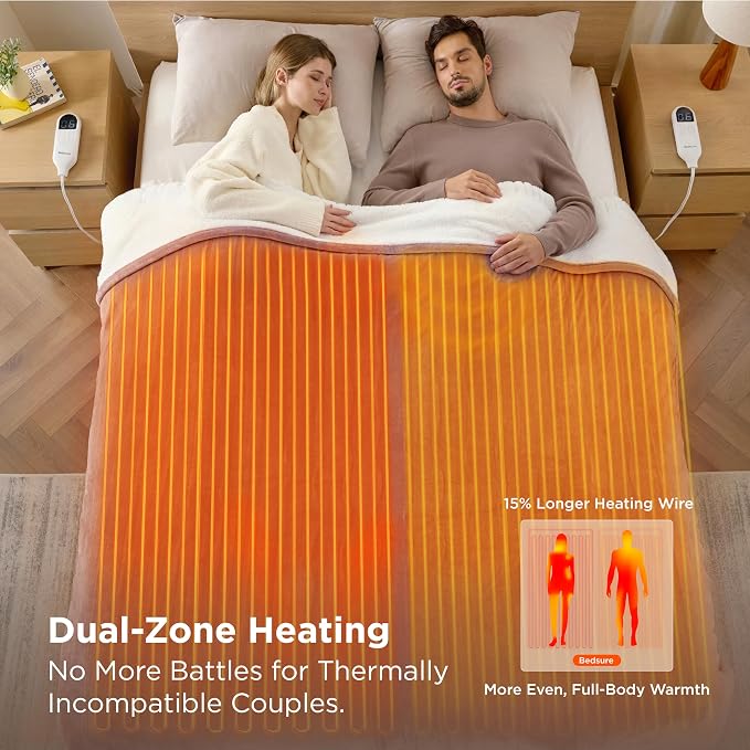 Bedsure Heated Blanket Queen Size, Dual Control Electric Blanket, 6 Heat/6 - Image 3