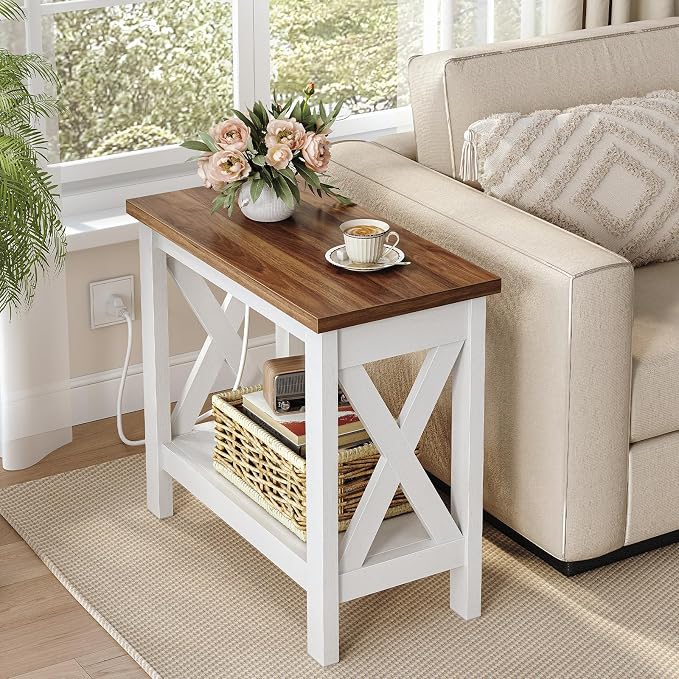 HOOBRO End Table with Charging Station, Farmhouse Narrow Side Table, 2-Tier - Image 2