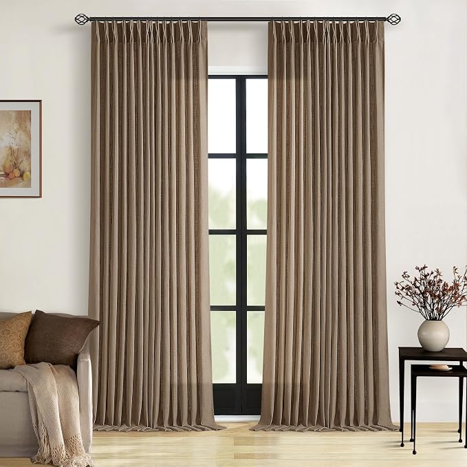 98 Inch Pinch Pleat Flax Linen Semi Sheer Dutch Cocoa Curtains 2 Panels | Light by Twodrapes