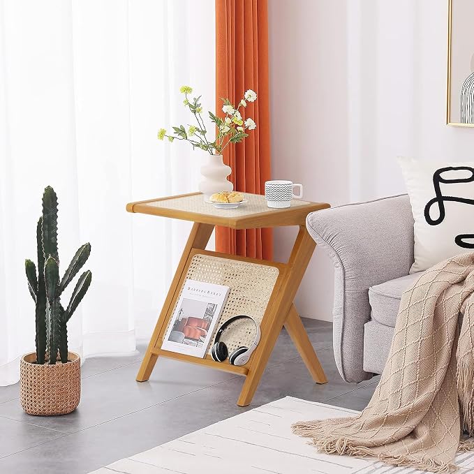 Aklaus Rattan Side Table Boho Small end Table mid Century Living Room Wooden - Image 6