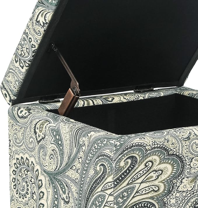 Adeco 18" Cube Storage Ottoman in Blue Paisley, Upholstered Linen Foot Stool & - Image 4