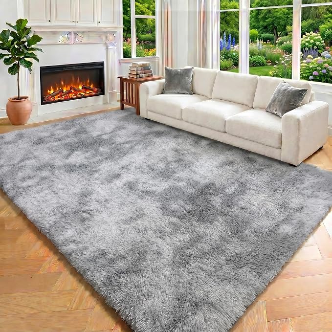 Area Rugs 9x12 Living Room, Tie-Dyed Light Grey Large Fluffy Bedroom Rug - Image 6