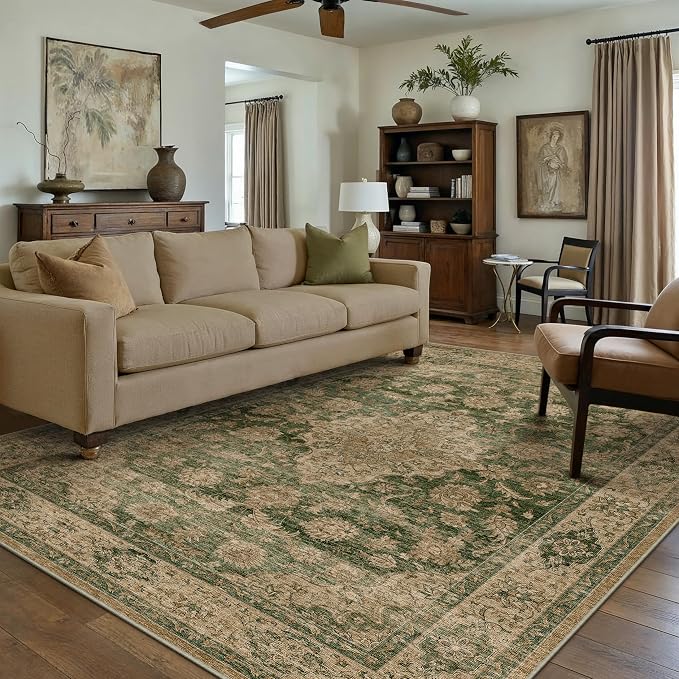 6x9 Green Retro Floral Washable Area Rug by HUGEAR