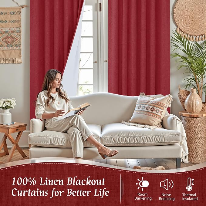 Red 100% Blackout Linen Curtains 72 Inches - Image 2