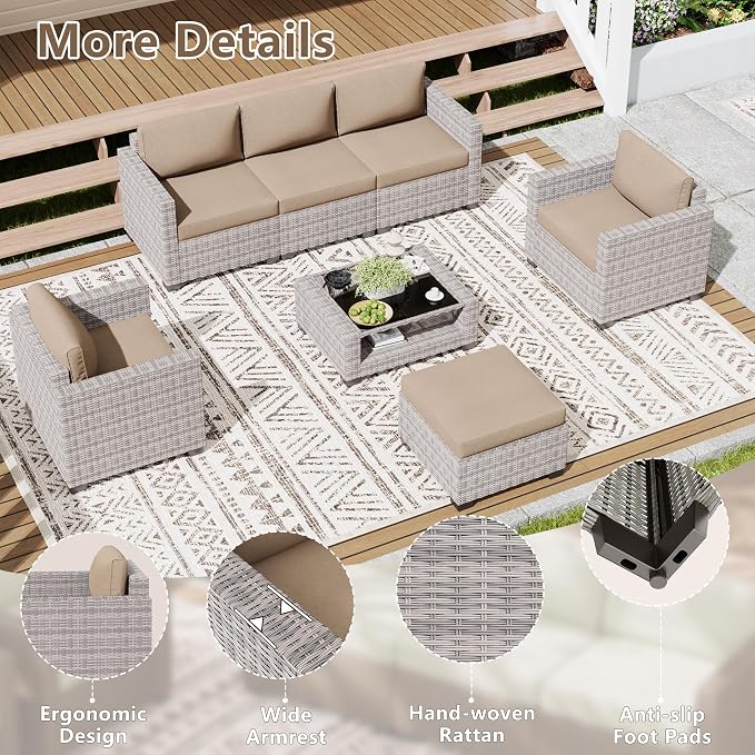 LOUVIXA 7 Piece Outdoor Patio Furniture Set, Rattan Chairs Glass Table Wicker - Image 5