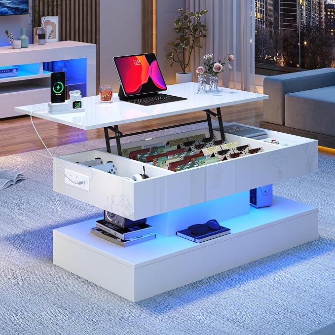 39.4" Large Lift Top Coffee Table, Modern High Glossy LED Coffee Tables - Image 3