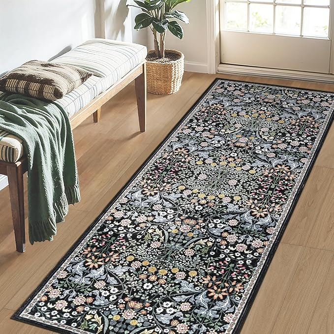 PLHXFR 2x5 Washable Runner Rug：Floral Indoor Kitchen Carpet Dark Black | - Image 3