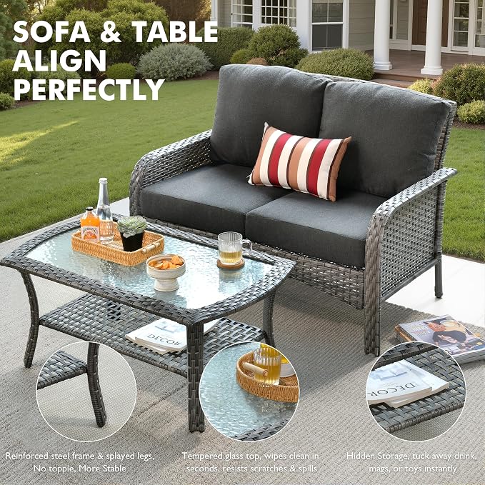 Weaxty Wicker Patio Furniture Set High Back Loveseat Sofa Couch Armchair Coffee - Image 6