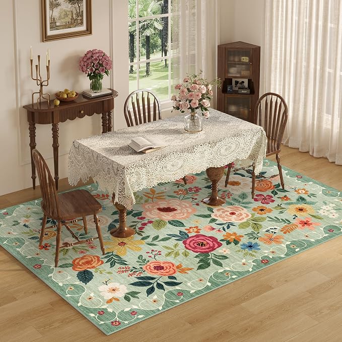 DUKINO 9x12 Area Rug for Living Room, Floral Washable Rug Non Slip, Low Pile - Image 9