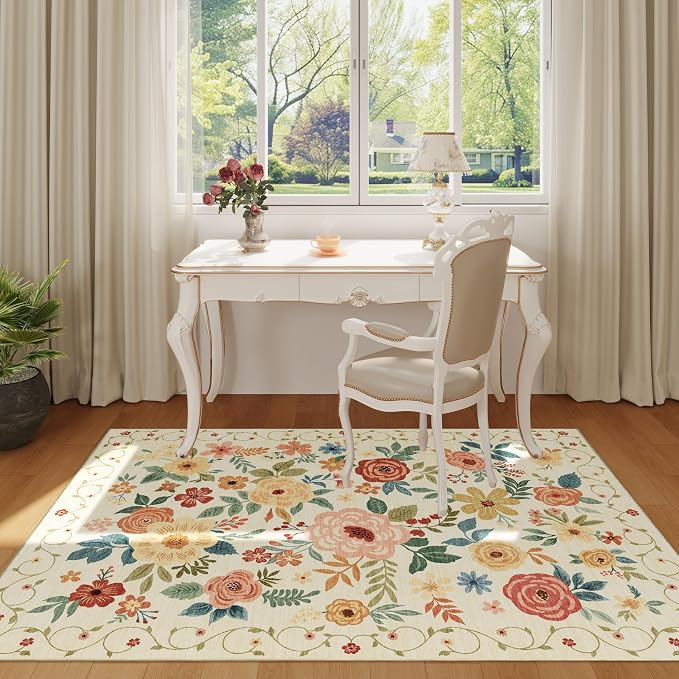 DUKINO 4x6 Area Rug, Floral Washable Office Chair Rug Non Slip Beige Yellow | - Image 3