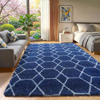 Area Rugs for Living Room, 5x8 Fluffy Navy and White Bedroom Geometric Rug | - Image 6