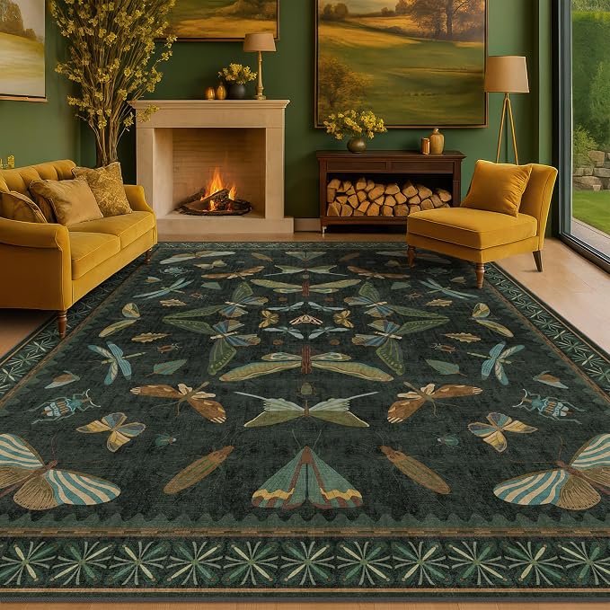 7x9 Insect Dark Green Rugs for Living Room, Boho & Forest Design Area Rug for - Image 6