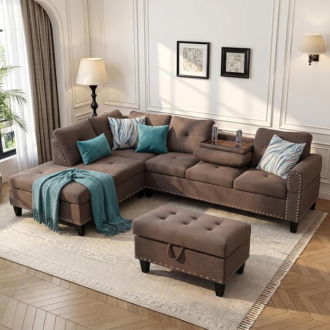 97.5" L Shaped Couch Set Linen, Modular Sectional Couches - Image 7