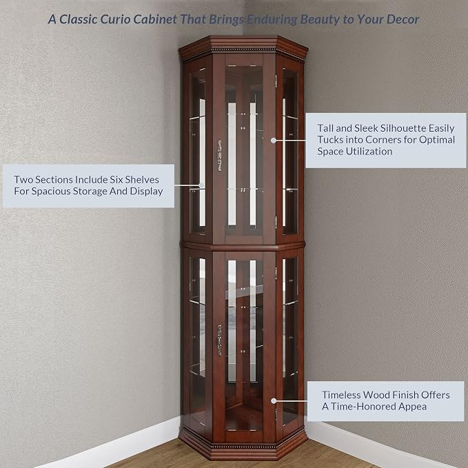 BELLEZE Lighted Wooden Corner Display Curio Cabinet, Two Section Shelving Unit - Image 5
