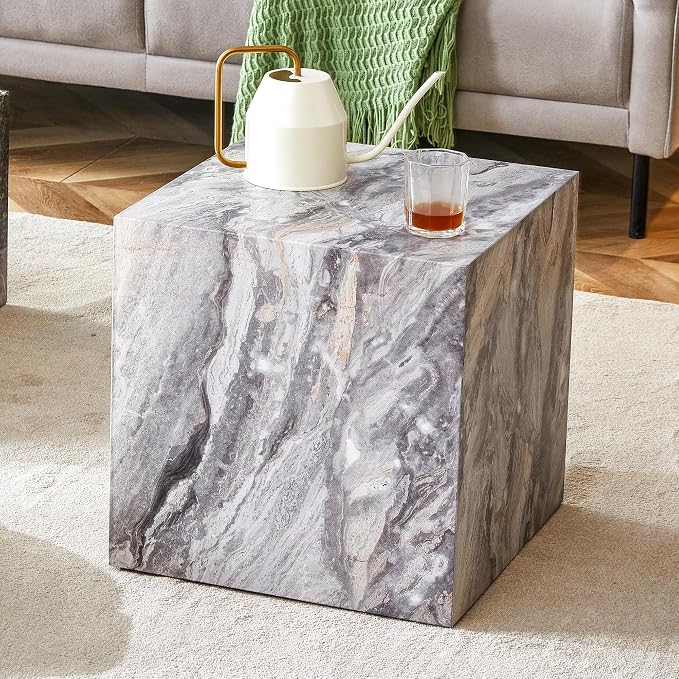16'' Cube Coffee Table with Marble Stone Pattern, Square No Assembly End Table - Image 3