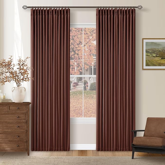 Chestnut Brown Pinch Pleated Blackout Linen 84 Inch Curtains by Twodrapes