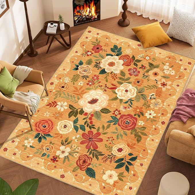DUKINO 8x10 Area Rugs, Floral Washable Living Room Rug Non Slip, Stain Resistant - Image 4