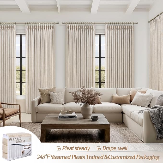 PleatedDrapes 70 Inch Extra Wide Natural Linen Light Filtering Curtains 92 - Image 5
