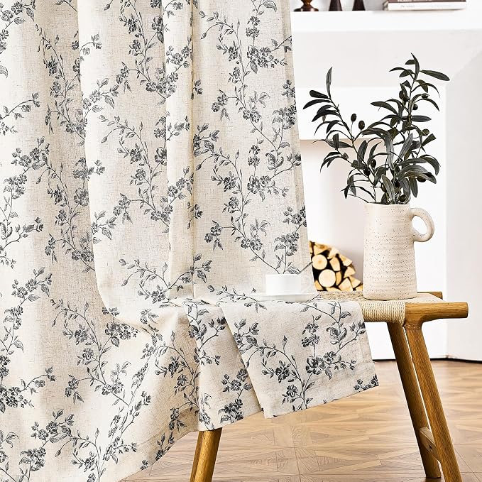 Extra Long Black Vintage Floral Linen Curtains Farmhouse 2 Panels | Elisa Series - Image 8