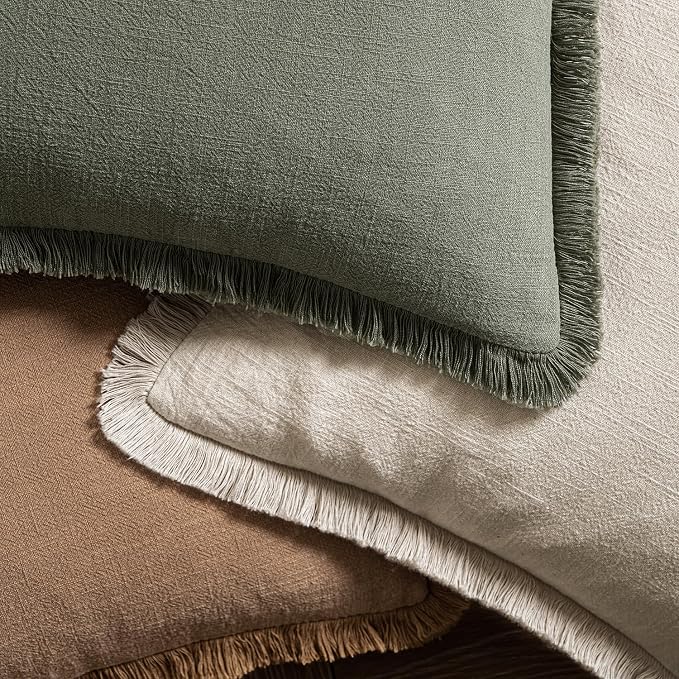 MIULEE Linen Fringe Decorative Throw Pillow Covers Light Olive Green 20x20 | - Image 4
