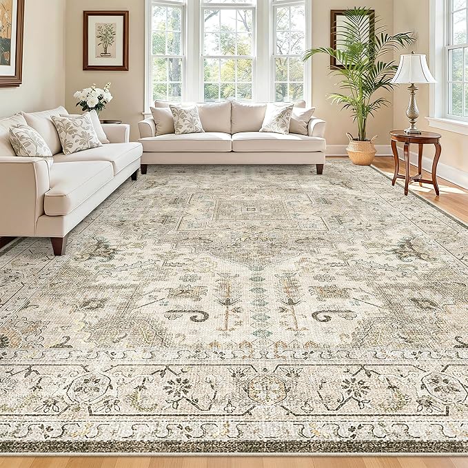 Madane 8x10 Area Rugs for Living Room, Non-Slip Washable Rug, Ivory/Brown | by Madane