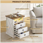 Nightstand with Charging Station, Farmhouse End Side Table with 3 Drawers and - Image 6