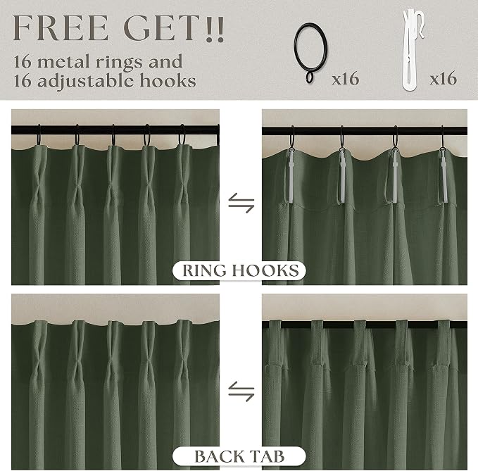 Extra Long Thick Linen Pinch Pleat Loden 120 Inch Long Curtains 2 Panels | - Image 5