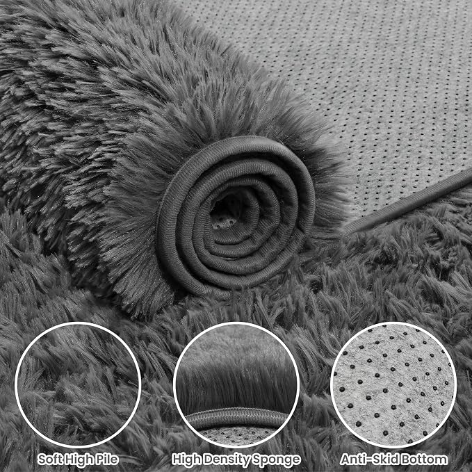 8x10 Fluffy Shag Area Rugs for Living Room Bedroom: Soft Plush Carpet Grey | - Image 7