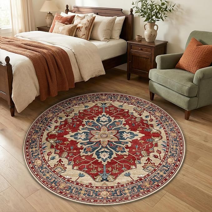 RELEANY Washable Area Rug, Round 4ft, Water Repellent, Pet Friendly, Vintage by RELEANY