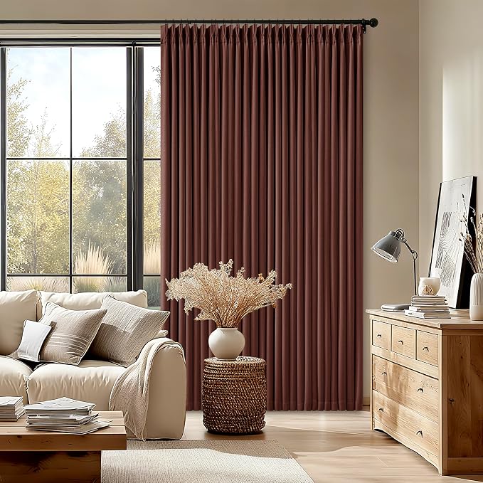 Brick Brown Pinch Pleated Blackout Linen Curtains 120 Inches Long | 100% Black - Image 9