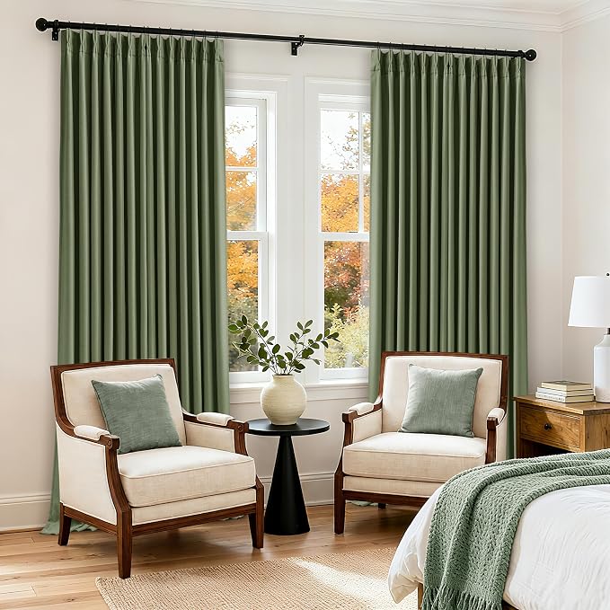 105 Inch Olive Green Linen Pinch Pleated Blackout Curtains - Image 8