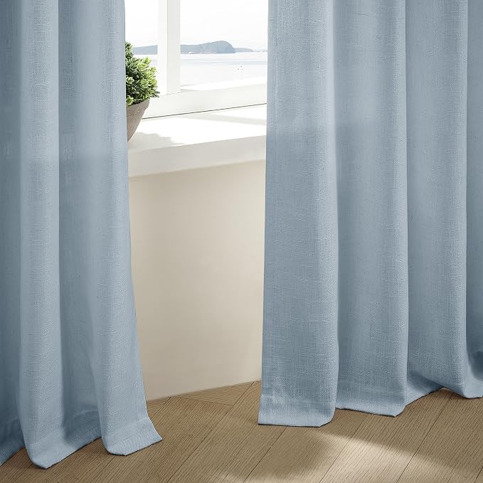 Dusty Blue Pinch Pleated Linen Semi Sheer Curtains 45 Inch Length 2 Panels | - Image 5