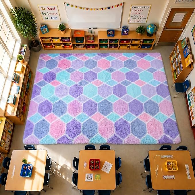 Checkered Purple Rainbow Area Rugs, Fluffy 5x8 Geometric Rug Girls Bedroom | - Image 7