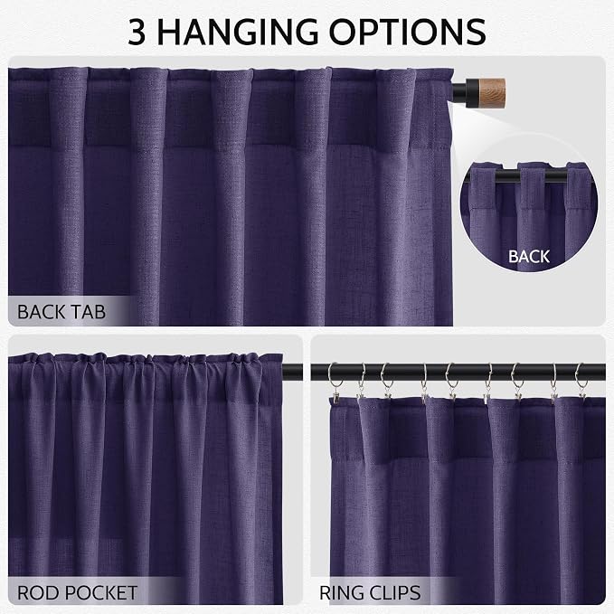Purple Linen Curtains 84 Inches Long, Back Tab Light Filtering Semi Sheer - Image 3
