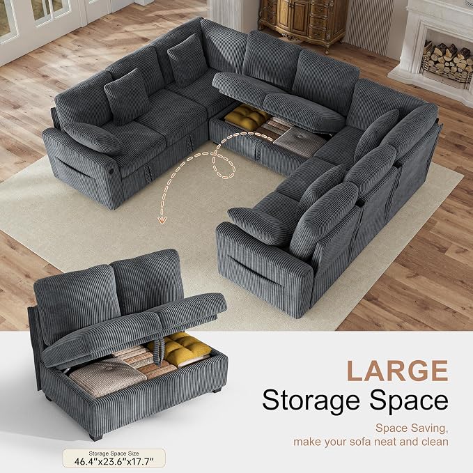 Hanherry Sectional Sofa with Pull Out Couch Bed, 8 Seat Corduroy Sleeper Sofa - Image 4