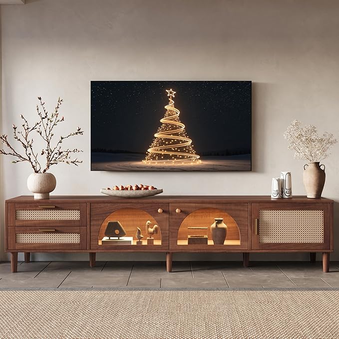 Merax Rattan TV Stand with LED Lights, Solid Wood Feet, Living Room, Bedroom by Merax