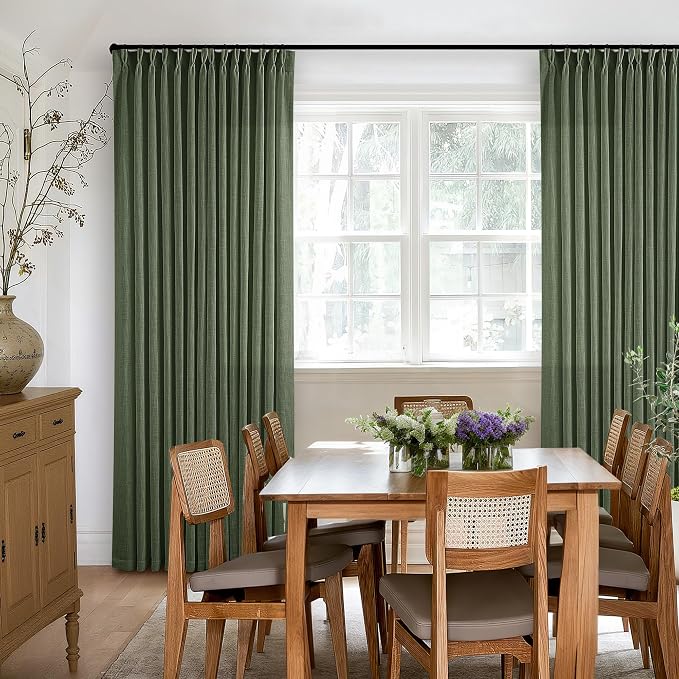 Pleated Semi Sheer Memory Shape Olive Green Linen Curtains 90 Inches Long | - Image 6