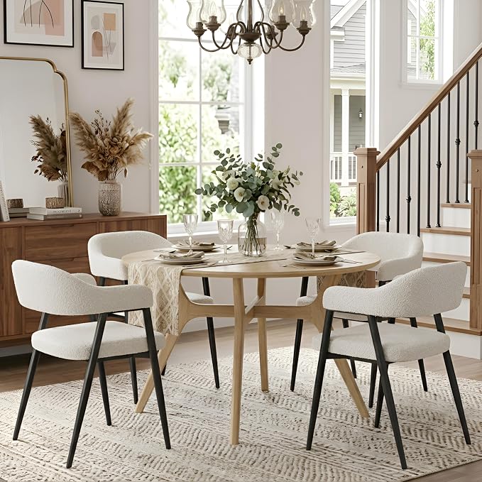 HNY Modern Dining Room Arm Chairs Set of 2, Mid-Century White Faux Sherpa - Image 3