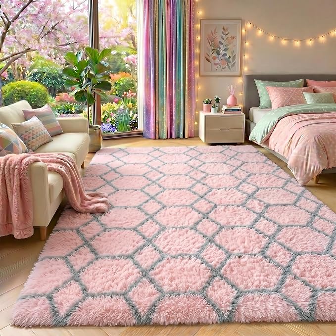 7x9 Area Rugs for Living Room Bedroom, Fluffy Pink and Grey Geometric Rug | - Image 7
