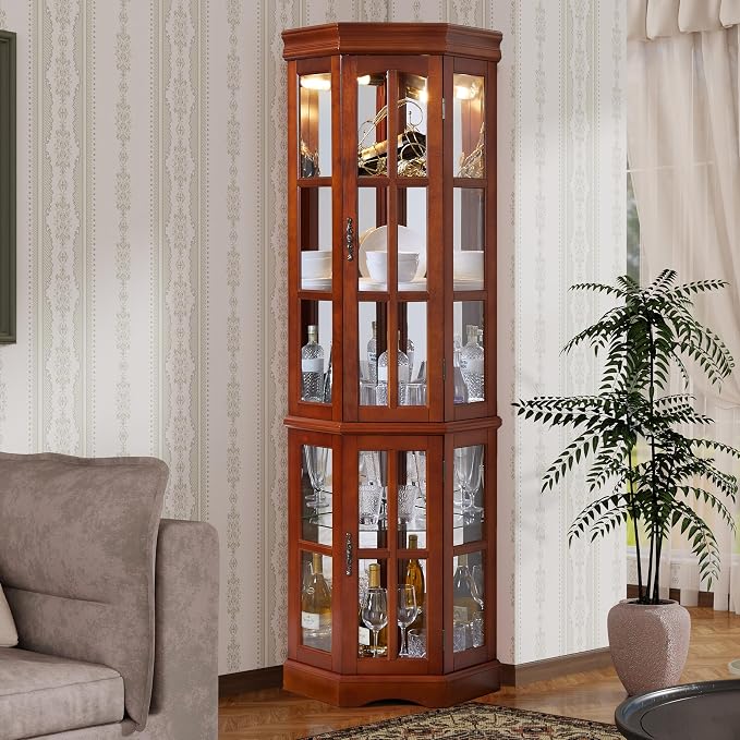 Corner Curio Cabinet with Lighting System, Adjustable Tempered Glass Shelves - Image 8