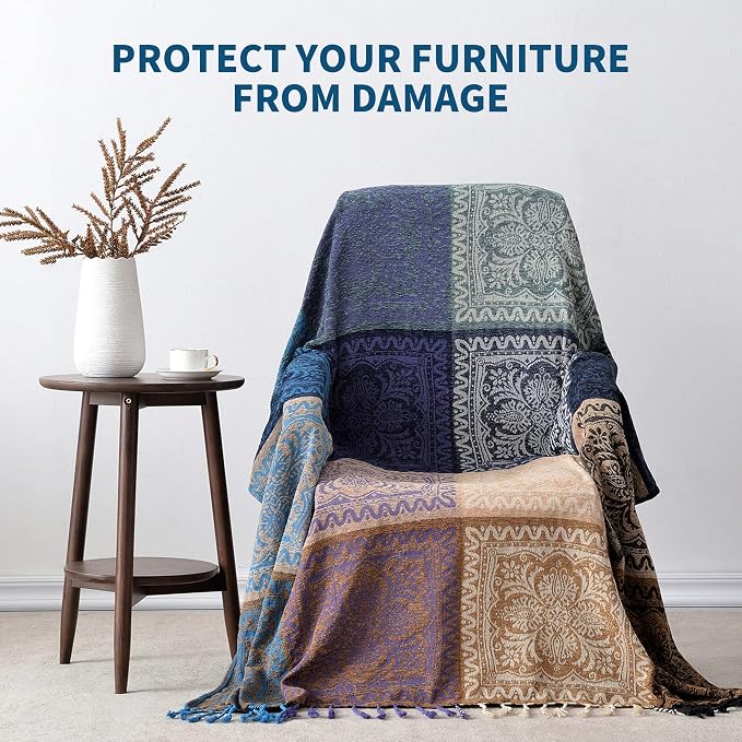 Boho Chair Cover Colorful Chenille Tassels Hippie Throw Blanket - Image 5