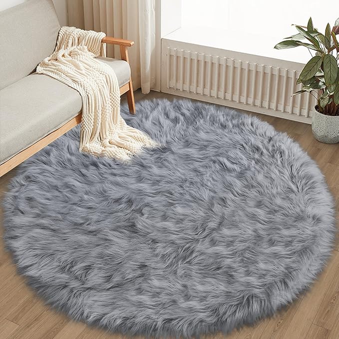 Faux Fur Rug, 5x5 Feet Grey Round Rugs - Image 3
