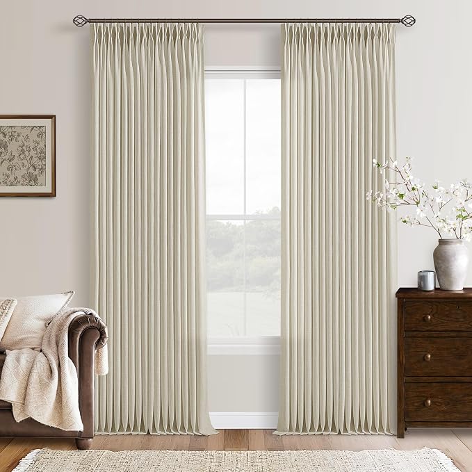 126 Inch Semi Sheer Linen Pinch Pleated Extra Long Curtains Beige Light Tan | by Twodrapes