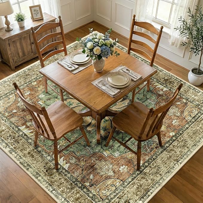 RELEANY Washable Area Rug, Square 8'x8', Brick/Brown/Green | Non-Slip, Water by RELEANY