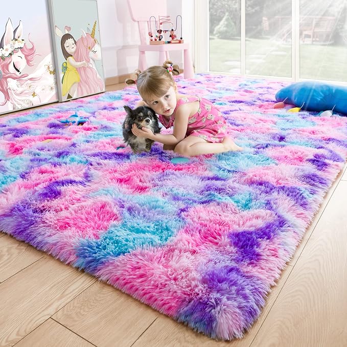 5x7 Tie-Dyed Pink Purple Blue Fluffy Area Rug Non-Slip by ModernHomeDecor