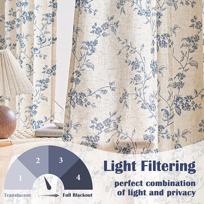 Blue Vintage Floral Linen Curtains Farmhouse 50W X 90L 2 Panels | Elisa Series - Image 3
