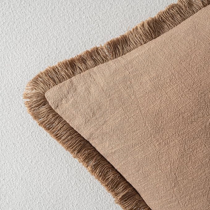 MIULEE Linen Fringe Decorative Fall Euro Throw Pillow Covers Brown 26x26 | Set - Image 3