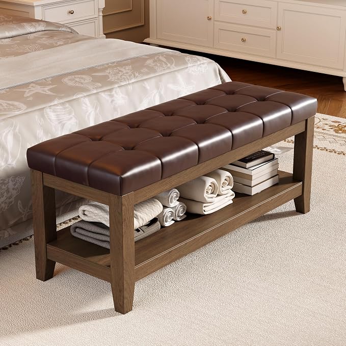 ABHENG Solid Rubber Wood Shoe Bench, Easy-Clean PU Upholstered Seat, 770LB Load by Liveinacomfortablehome